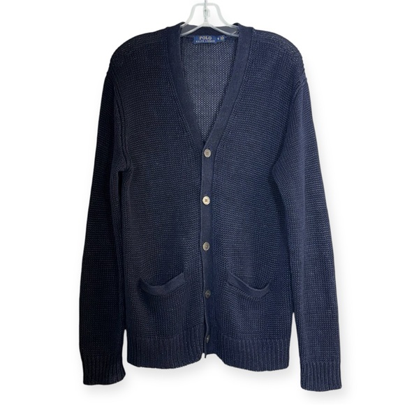 POLO RALPH LAUREN LINEN CARDIGAN SWEATER NAVY BLUE S OPEN CHUNKY KNIT V-NECK - Picture 4 of 14